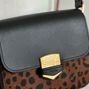 Fossil Black and Brown Crossbody Bags with Leopard Print